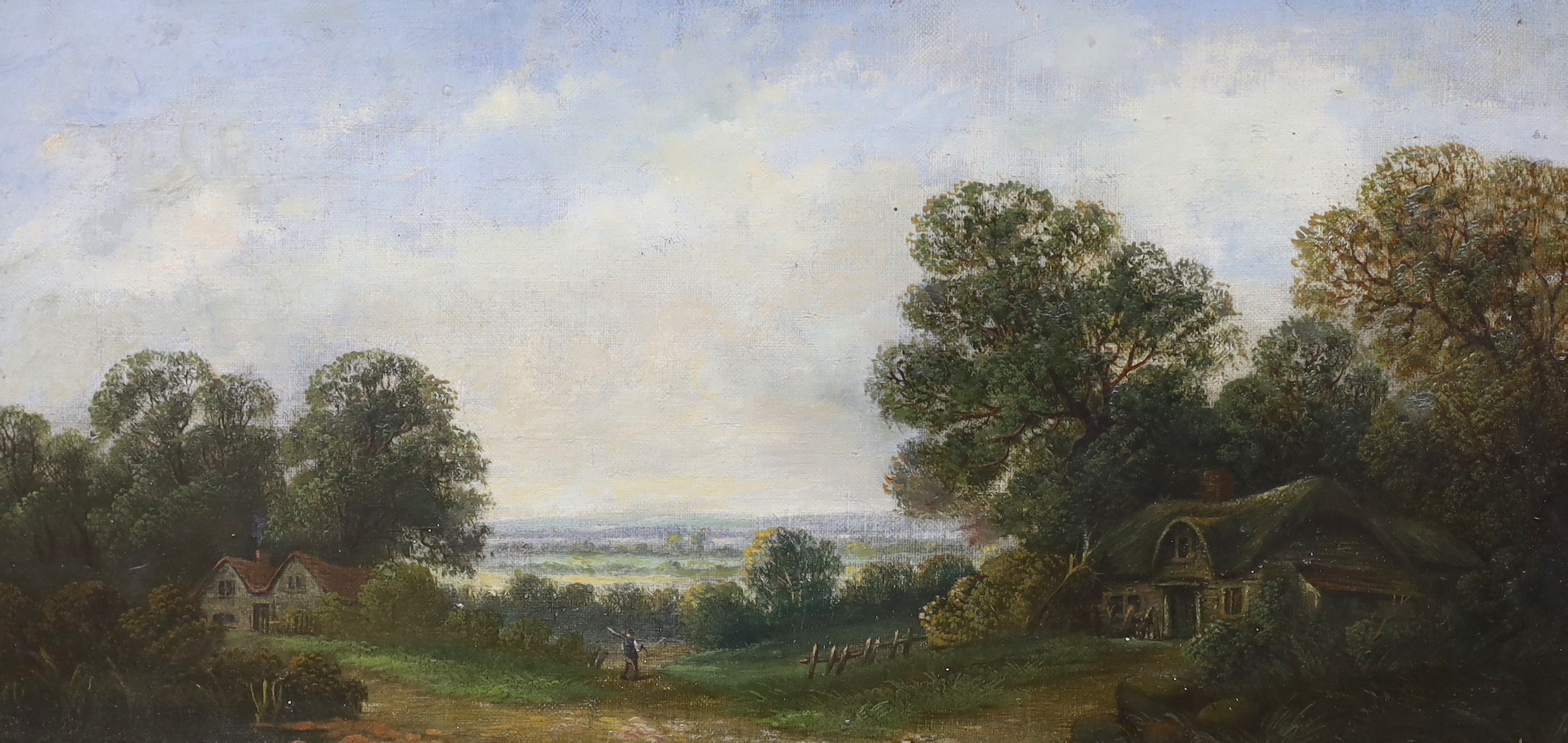 19th century English School, oil on canvas, Thatched cottage in a landscape, 21 x 44cm